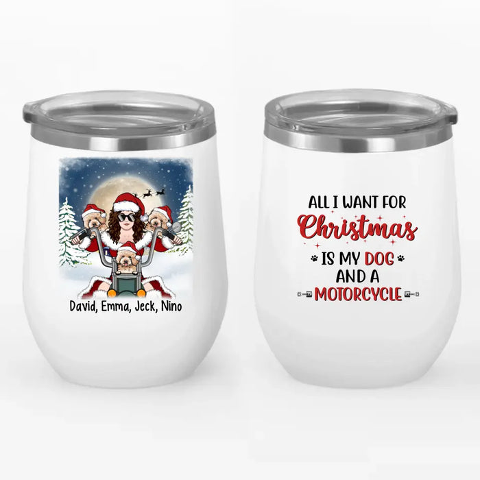 Personalized Wine Tumbler, Motorcycle Woman With Dogs, Christmas Gift For Bikers And Dog Lovers