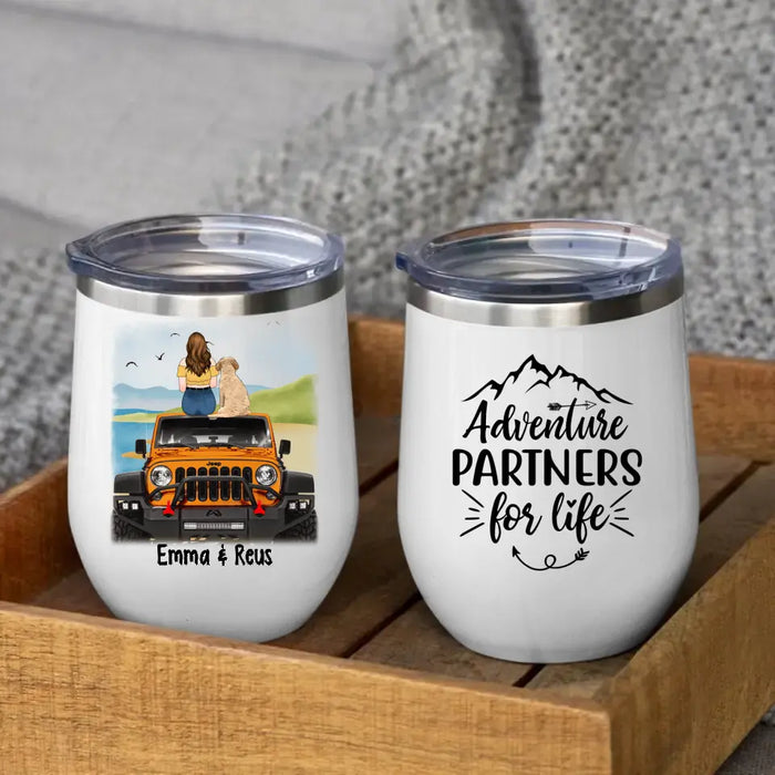 Personalized Wine Tumbler, Girl With Pets Sitting On Car - Adventure Partners For Life, Gift For Car Lovers, Dog Lovers, Cat Lovers
