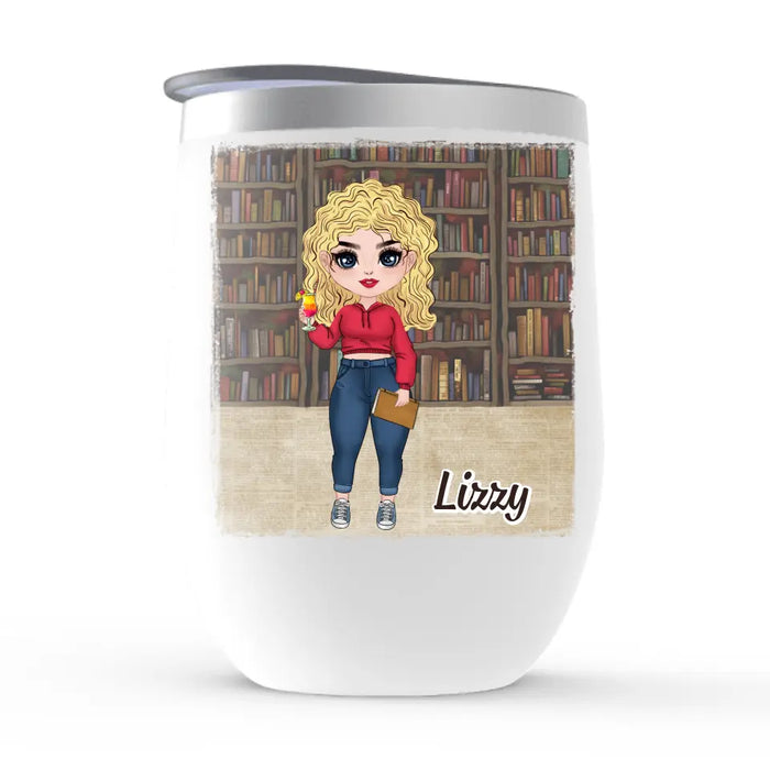 Personalized Wine Tumbler, Gift For Book Lovers, Chibi Drinking With Books, Life Is Better With Books