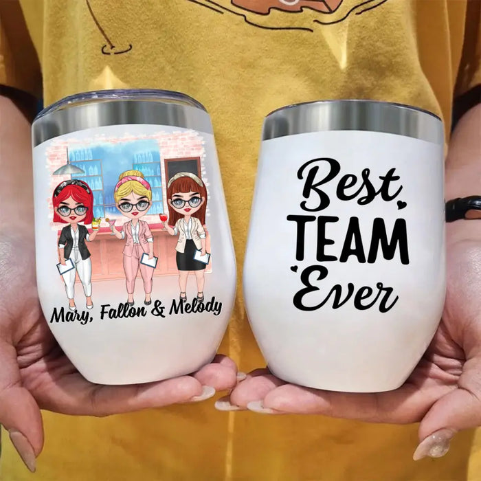 Personalized Wine Tumbler, Up To 3 Women, Gift For Sisters, Friends, Colleagues, Best Team Ever, Chibi Coworkers At Cocktail Bar