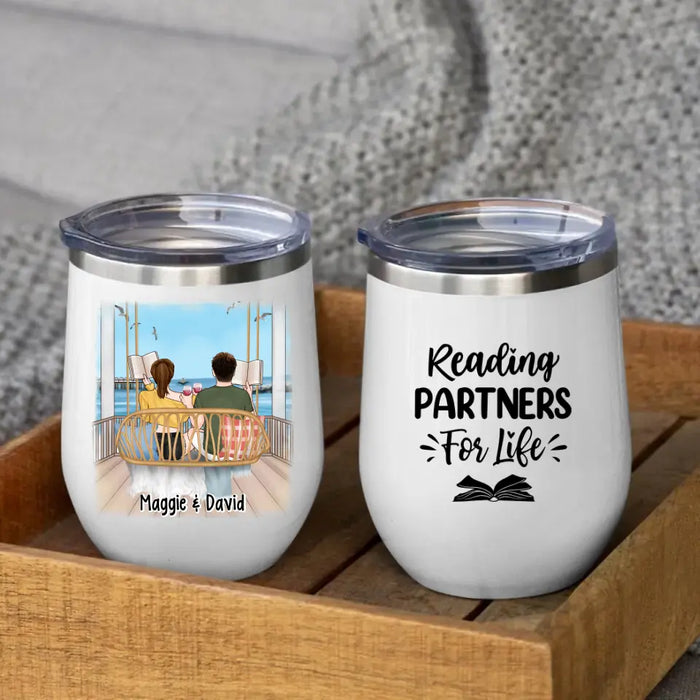 Personalized Wine Tumbler, Reading Book On Swing, Couple Friends Sisters Gift, Gift For Reading Lovers, Book Lovers