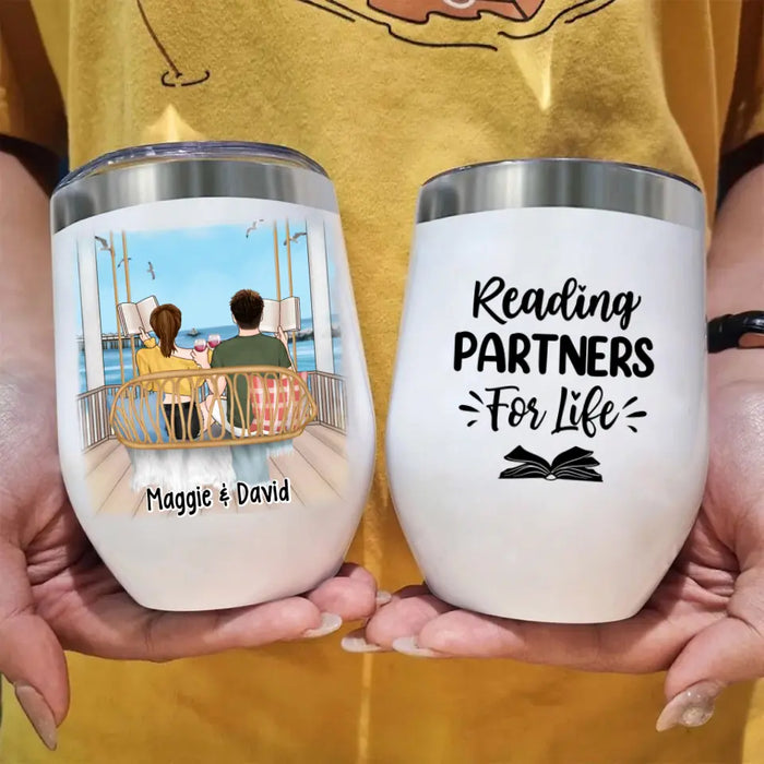 Personalized Wine Tumbler, Reading Book On Swing, Couple Friends Sisters Gift, Gift For Reading Lovers, Book Lovers
