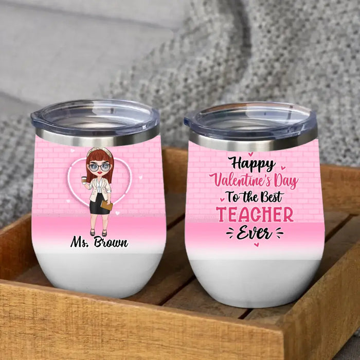 Up To 3 Chibi Happy Valentine's Day To The Best Teacher - Personalized Wine Tumbler For Teachers