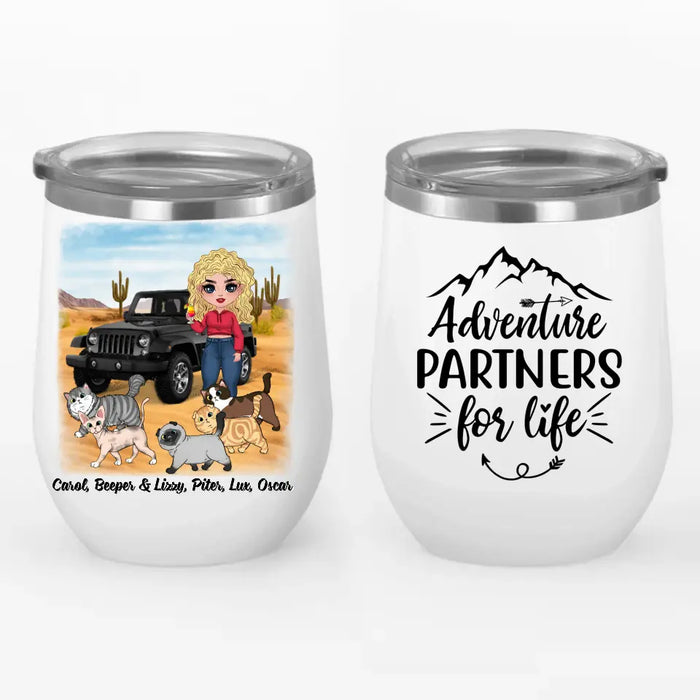 Adventure Partners For Life - Personalized Wine Tumbler For Her, Cat Lovers, Chibi