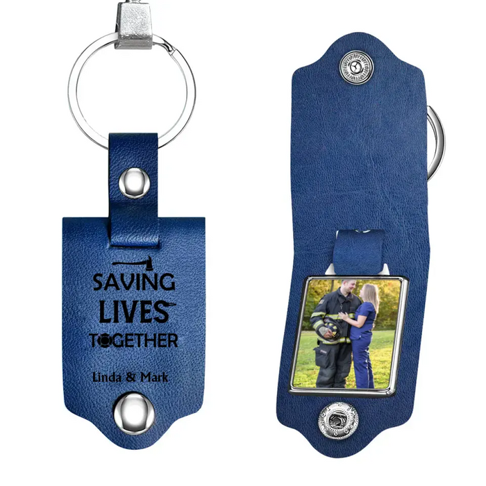 Saving Lives Together - Personalized Photo Upload Gifts Custom Leather Keychain For Firefighter Couples