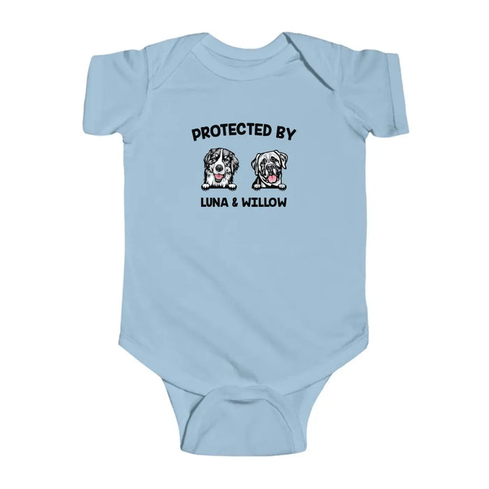 Protected By My Dog Onesie, Custom Dog Baby Onesie, Baby Shower Gift, Dog Name Onesie, Personalized Baby Onesie