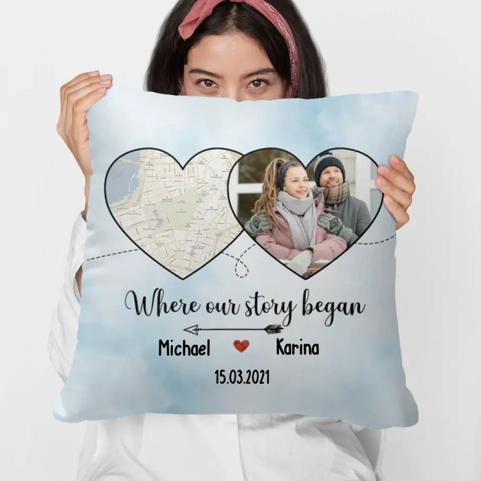 Where Our Story Began - Personalized Photo Upload Gift Custom Map Print Pillow, Gifts For Him Her For Couples
