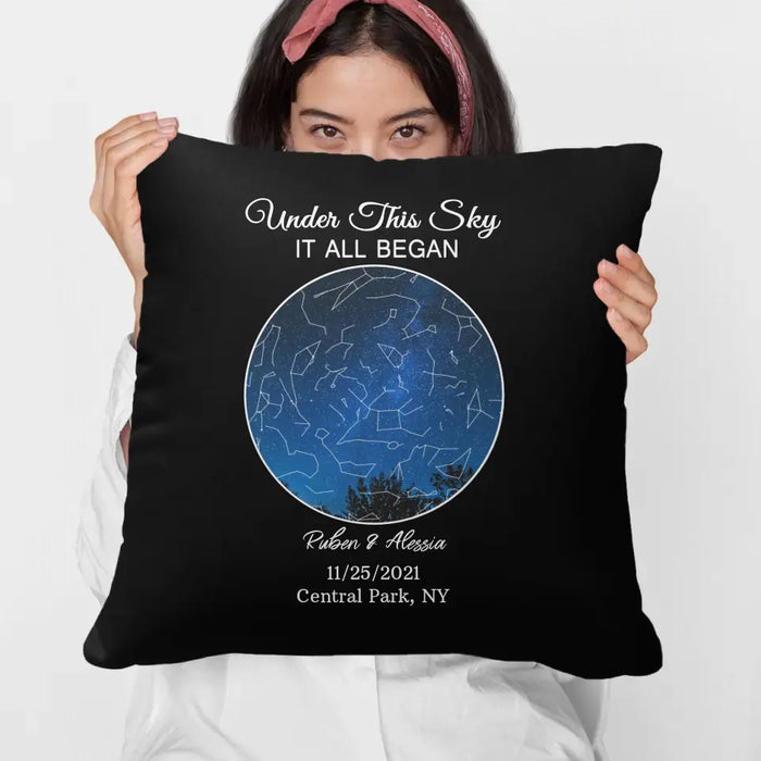 Under This Sky It All Began - Personalized Photo Upload Gifts Custom Map Print Pillow For Couples, Sky Star Map Pillow