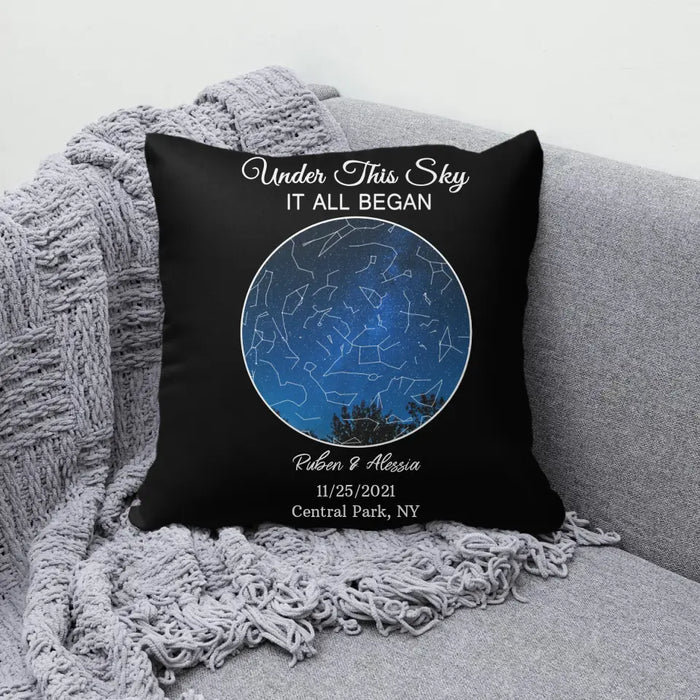 Under This Sky It All Began - Personalized Photo Upload Gifts Custom Map Print Pillow For Couples, Sky Star Map Pillow