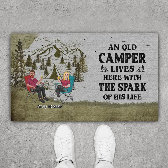 An Old Camper Lives Here With The Spark Of His Life - Personalized Gifts Custom Doormat for Couples, Camping Lovers