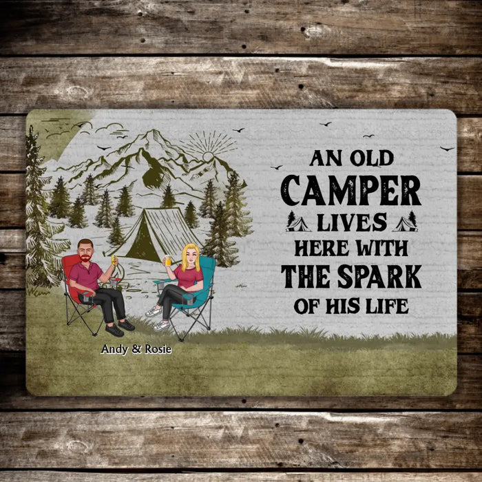 An Old Camper Lives Here With The Spark Of His Life - Personalized Gifts Custom Doormat for Couples, Camping Lovers