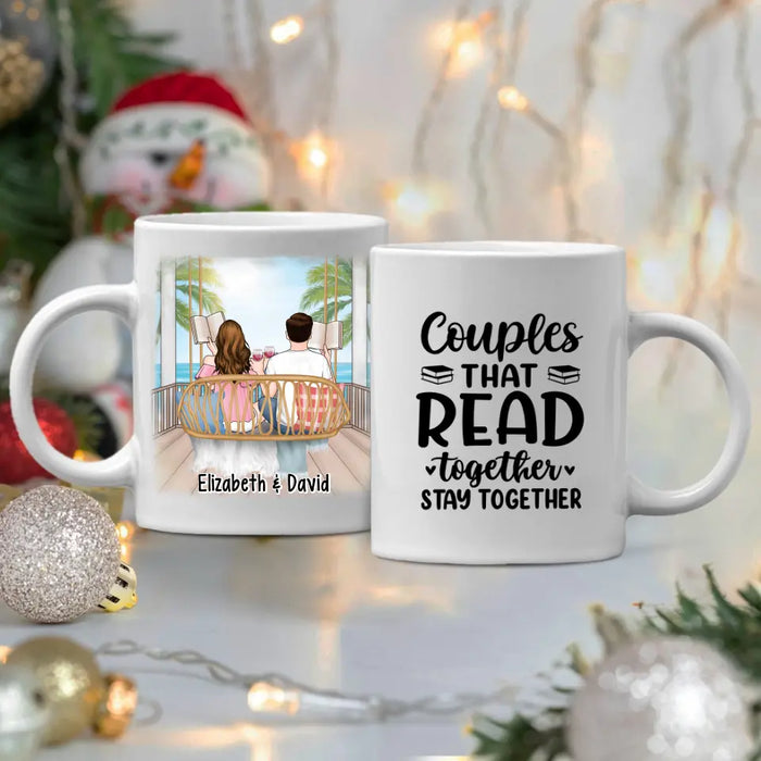 Personalized Mug, Reading Book On Swing, Couple Friends Sisters Gift, Gift For Reading Lovers, Book Lovers