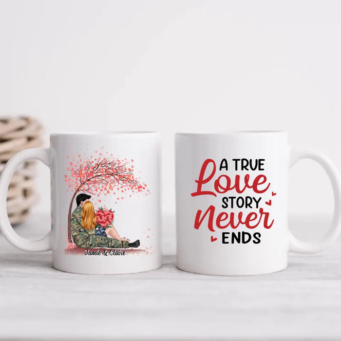 A True Love Story Never Ends - Personalized Valentine Gifts Custom Mug, For Him Her, For Military Couples