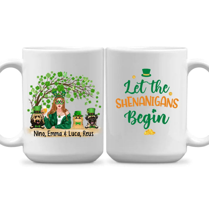 Girl And Pets Shenanigans Begin - Personalized Mug Dog Lovers, Cat Lovers, St. Patrick's Day