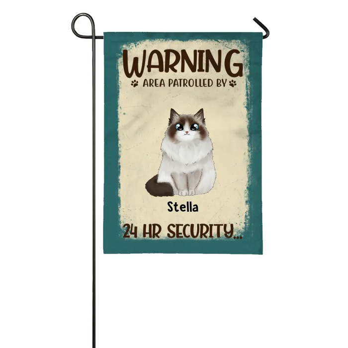 Personalized Garden Flag, Warning Area Patrolled By 24 Hr Security, Custom Gift For Cat Lovers