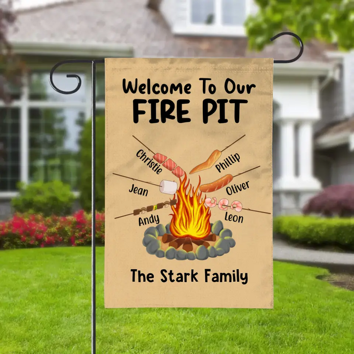 Welcome To Out Fire Pit, Up To 4 Kids - Personalized Garden Flag For Family, Camping