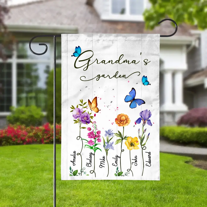 Personalized Garden Flag, Up To 6 Kids, Butterflies Grandma‘s Garden, Gift For Grandma And Gardeners