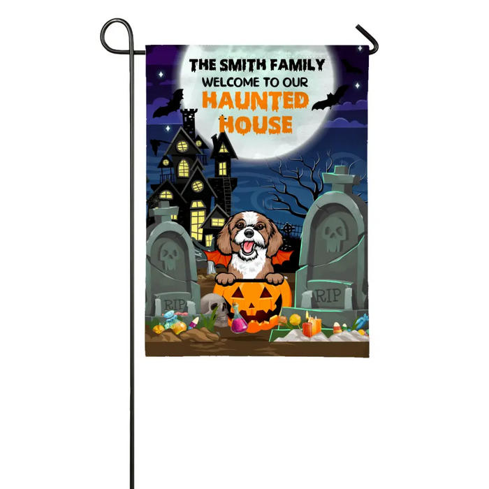 Personalized Garden Flag, Welcome to Our Haunted House, Halloween Dogs, Halloween Gift, Gift for Family