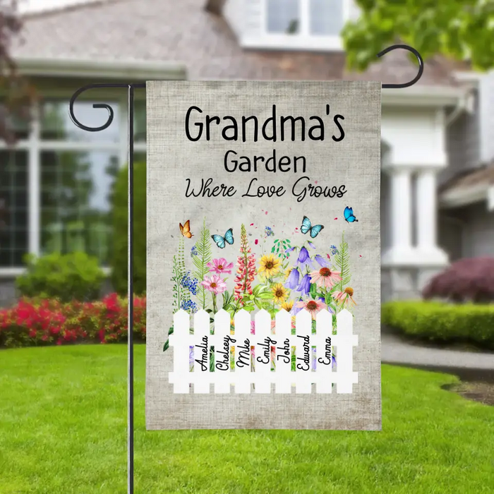 Personalized Garden Flag, Up To 7 Kids, Grandma's Garden Where Love Grows, Gift For Grandma