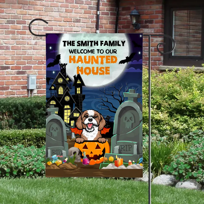 Personalized Garden Flag, Welcome to Our Haunted House, Halloween Dogs, Halloween Gift, Gift for Family
