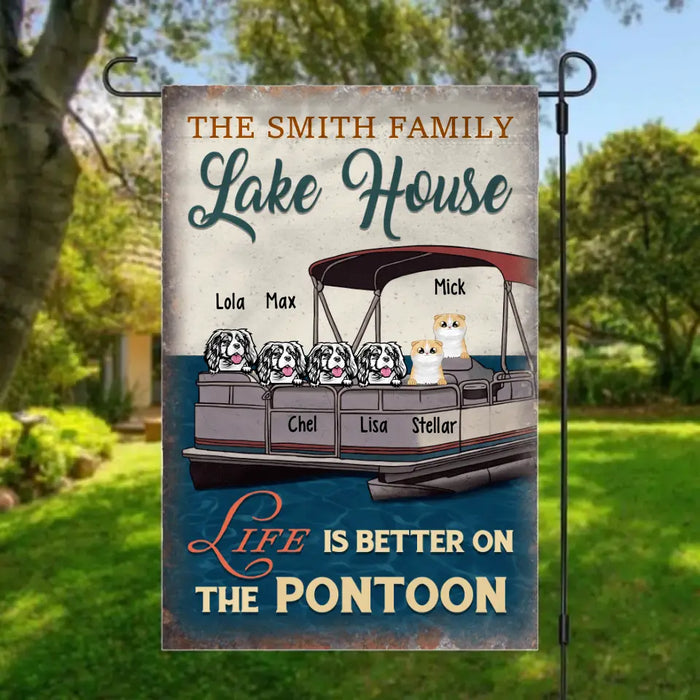 Personalized Garden Flag, Up To 6 Pets, Life Is Better On The Pontoon, Gift For Pontoon Boat Lovers, Dog Lovers, Cat Lovers