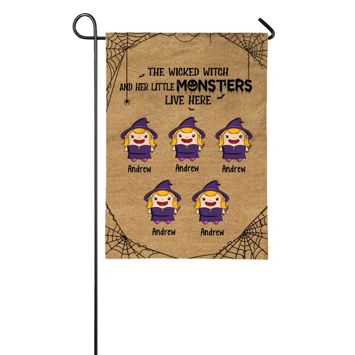 Personalized Garden Flag, The Wicked Witch And Her Little Monsters Live Here, Cute Halloween Monsters, Gifts For Halloween Family