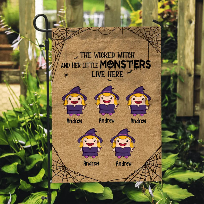 Personalized Garden Flag, The Wicked Witch And Her Little Monsters Live Here, Cute Halloween Monsters, Gifts For Halloween Family