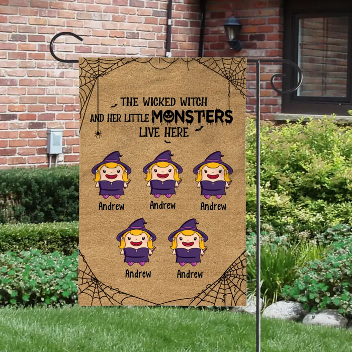 Personalized Garden Flag, The Wicked Witch And Her Little Monsters Live Here, Cute Halloween Monsters, Gifts For Halloween Family