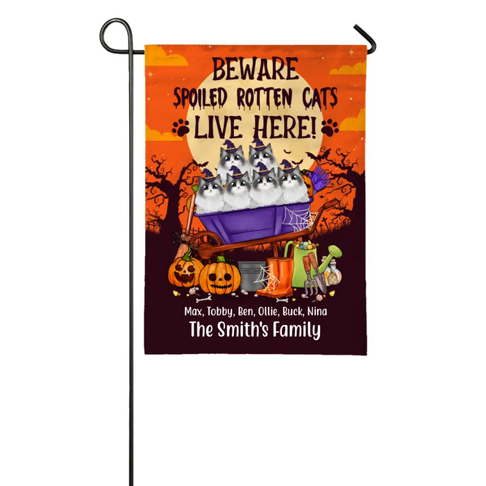 Personalized Garden Flag, Up To 6 Cats, Beware Spoiled Rotten Cats Live Here, Halloween Gift For Cat Lovers