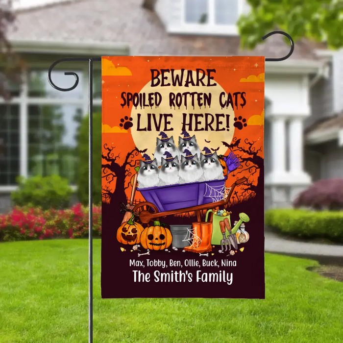 Personalized Garden Flag, Up To 6 Cats, Beware Spoiled Rotten Cats Live Here, Halloween Gift For Cat Lovers