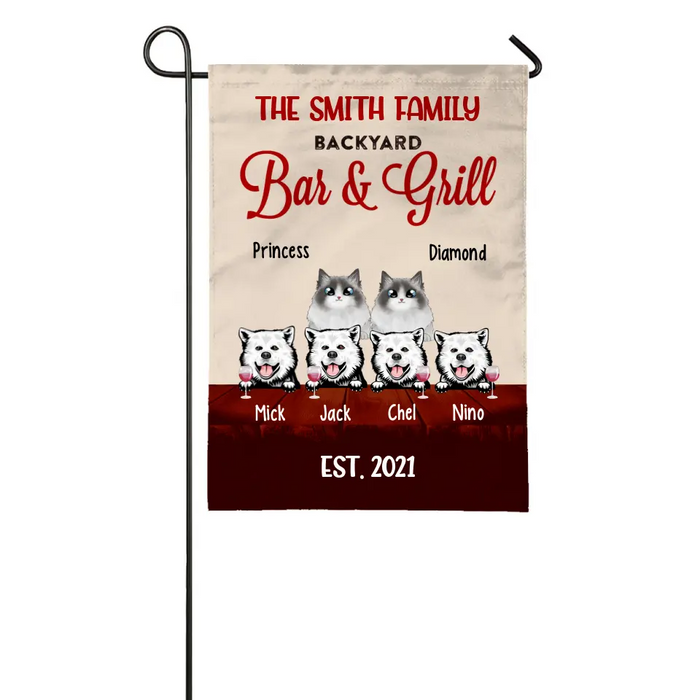 Personalized Garden Flag, Up To 6 Pets, Pet Backyard Bar & Grill, Gift For Dog Lovers And Cat Lovers