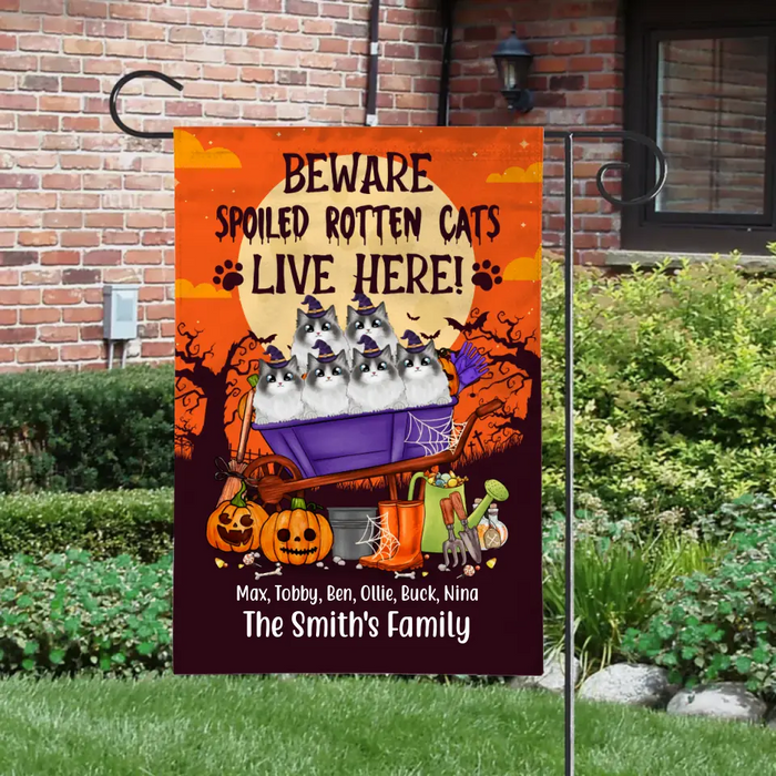 Personalized Garden Flag, Up To 6 Cats, Beware Spoiled Rotten Cats Live Here, Halloween Gift For Cat Lovers