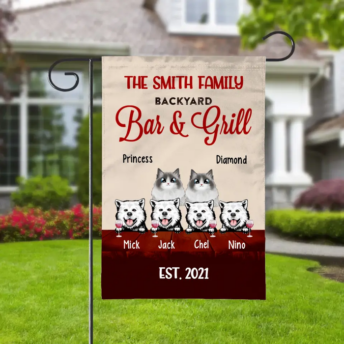 Personalized Garden Flag, Up To 6 Pets, Pet Backyard Bar & Grill, Gift For Dog Lovers And Cat Lovers