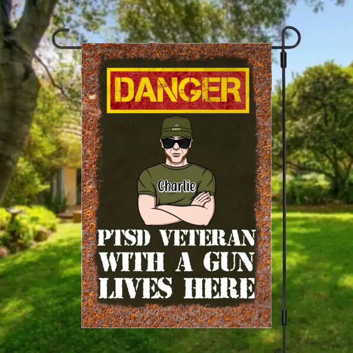 Personalized Garden Flag, PTSD Veteran With A Gun Lives Here, Gifts For Veterans