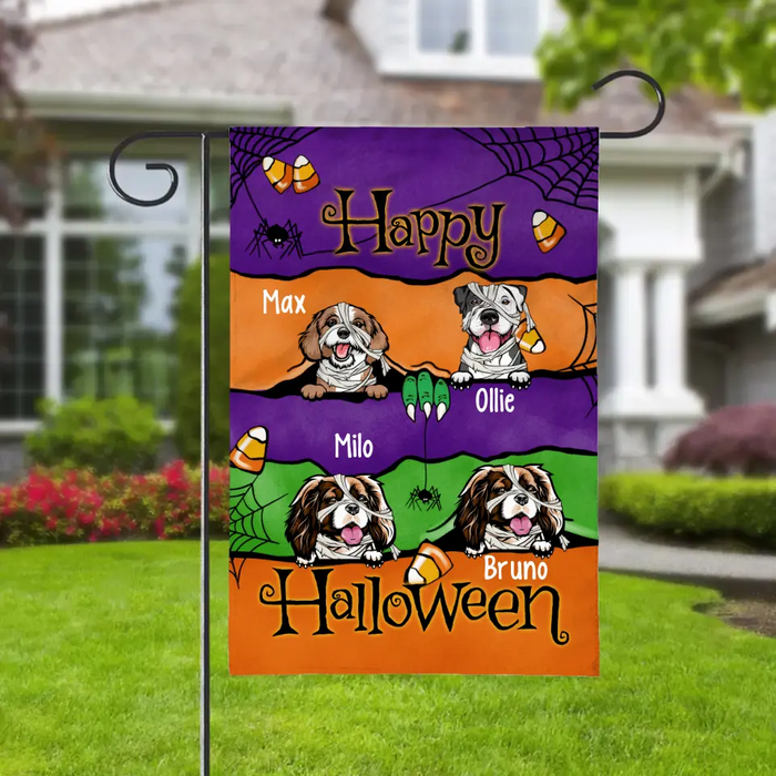 Personalized Garden Flag, Up To 4 Dogs, Happy Halloween, Peeking Dogs Halloween Theme Flag, Halloween Gift For Dog Lovers