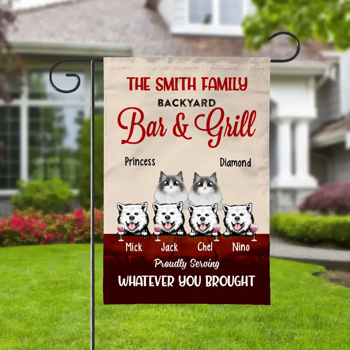 Personalized Garden Flag, Up To 6 Pets, Backyard Bar & Grill Proudly Serving, Gift For Dog Lovers And Cat Lovers