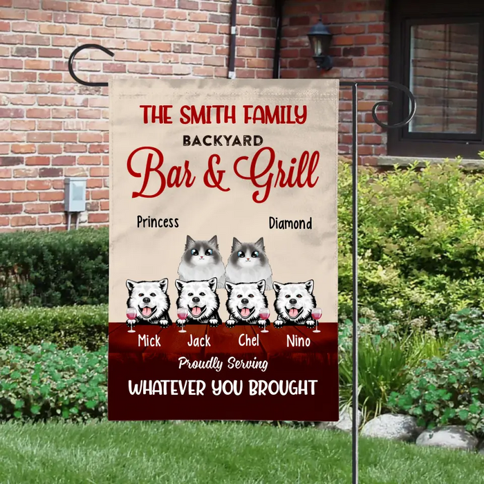 Personalized Garden Flag, Up To 6 Pets, Backyard Bar & Grill Proudly Serving, Gift For Dog Lovers And Cat Lovers