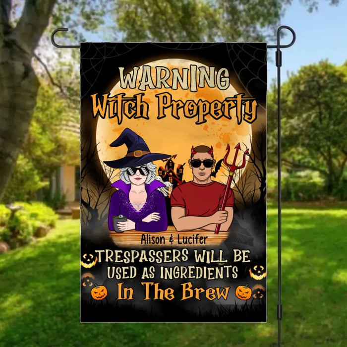 Personalized Garden Flag, Warning Witch Property, Halloween Gift For Couple, Halloween Gift For Grandma And Grandpa