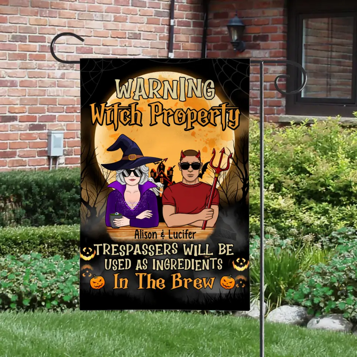 Personalized Garden Flag, Warning Witch Property, Halloween Gift For Couple, Halloween Gift For Grandma And Grandpa