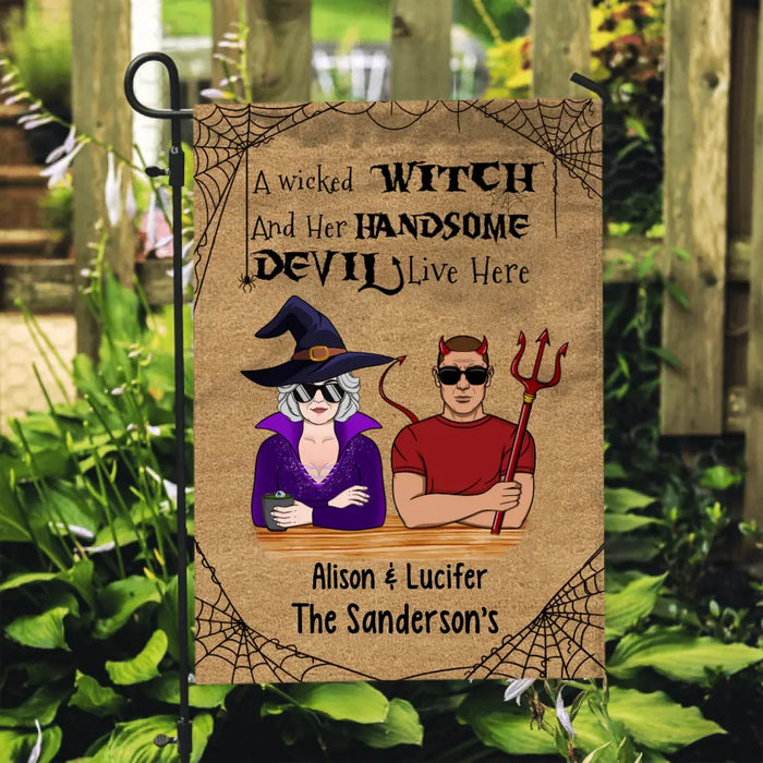Personalized Garden Flag, A Wicked Witch And Her Handsome Devil Live Here, Halloween Gift For Old Couple, Grandparents
