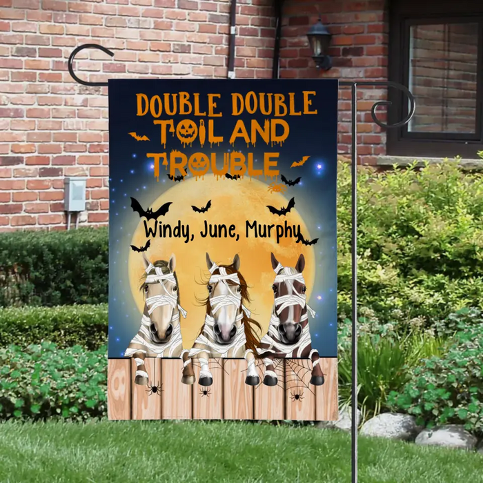 Personalized Garden Flag, Up To 3 Horses, Double Double Toil And Trouble, Halloween Gift For Horse Lovers