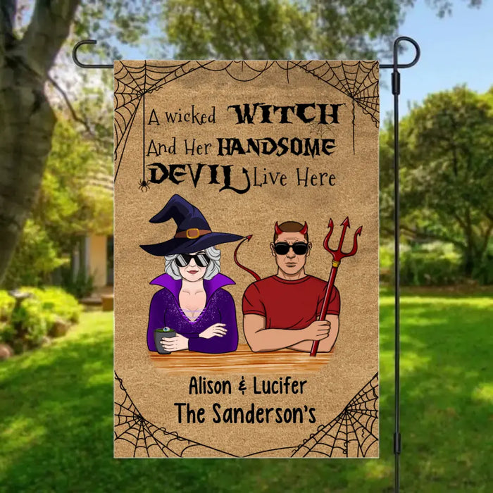 Personalized Garden Flag, A Wicked Witch And Her Handsome Devil Live Here, Halloween Gift For Old Couple, Grandparents