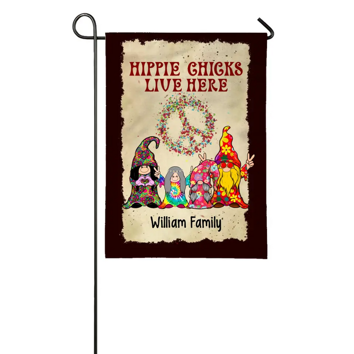 Personalized Garden Flag, Hippie Chicks Live Here, Hippie Gnome, Gifts For Hippies, Gnome Lovers Gifts