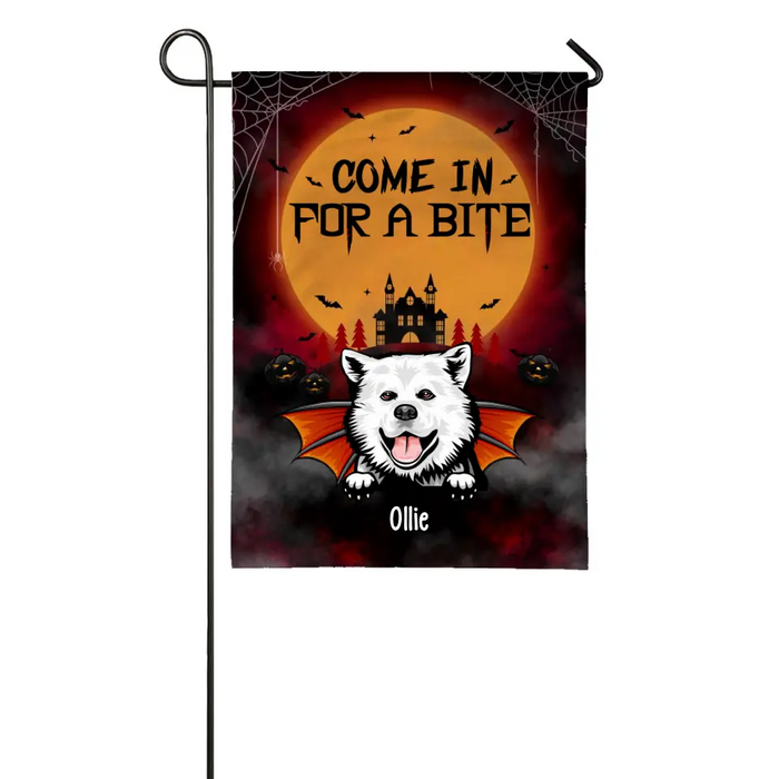Personalized Garden Flag, Up To 6 Dogs, Vampire Theme Flag, Come In For A Bite, Halloween Gift For Dog Lovers