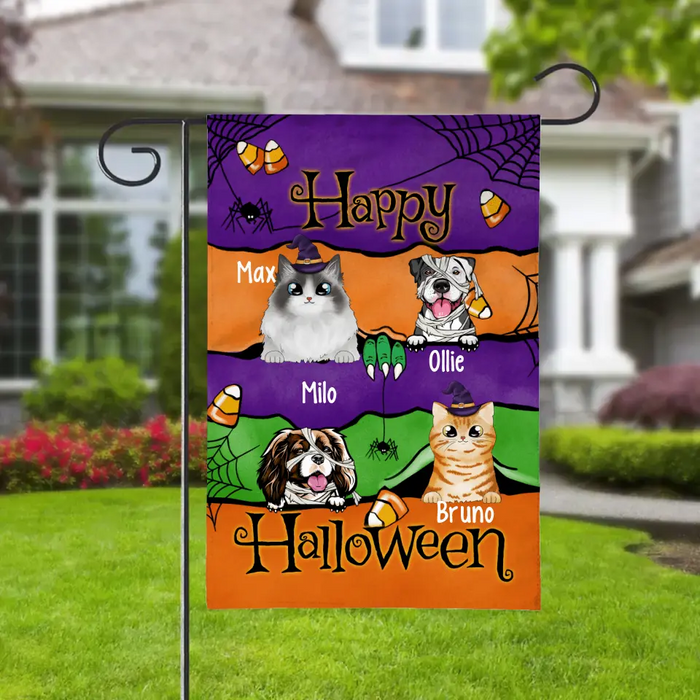 Personalized Garden Flag, Up To 4 Pets, Happy Halloween, Halloween Theme Flag, Halloween Gift For Dog Lovers, Cat Lovers