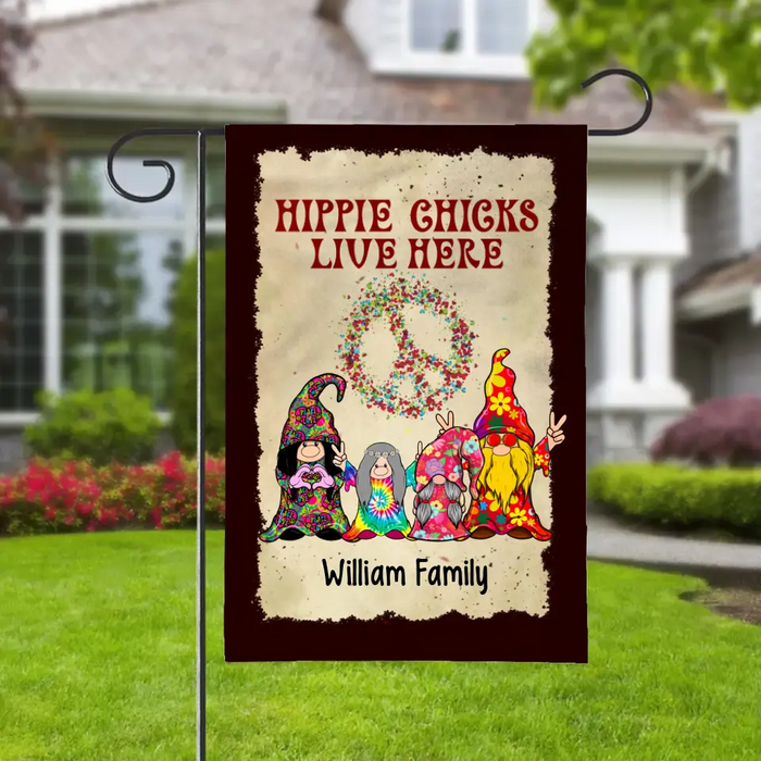 Personalized Garden Flag, Hippie Chicks Live Here, Hippie Gnome, Gifts For Hippies, Gnome Lovers Gifts