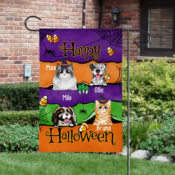 Personalized Garden Flag, Up To 4 Pets, Happy Halloween, Halloween Theme Flag, Halloween Gift For Dog Lovers, Cat Lovers