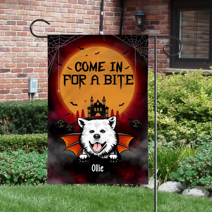 Personalized Garden Flag, Up To 6 Dogs, Vampire Theme Flag, Come In For A Bite, Halloween Gift For Dog Lovers