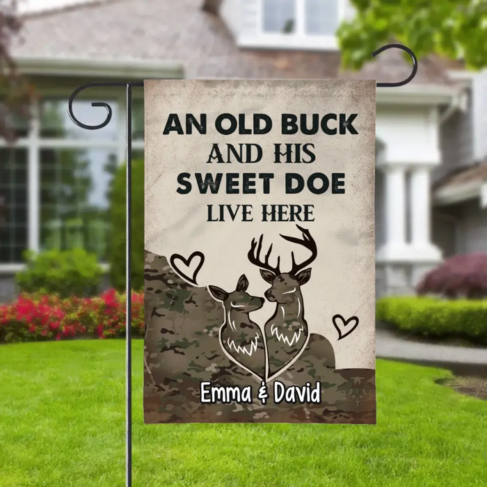 Personalized Garden Flag, An Old Buck And His Sweet Doe Live Here - Couple Gift, Gift For Hunters