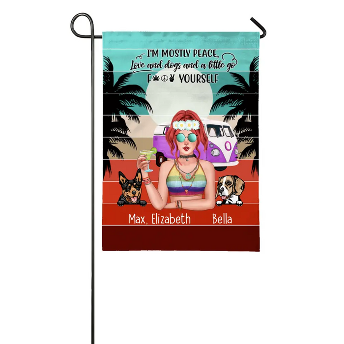 Personalized Garden Flag, Hippie Girl with Dogs Custom Gift For Dog and Hippie Lovers